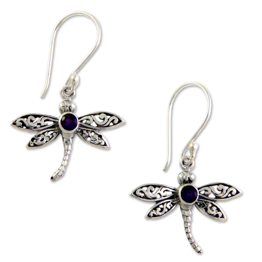Amethyst and Silver Earrings - Enchanted Dragonfly