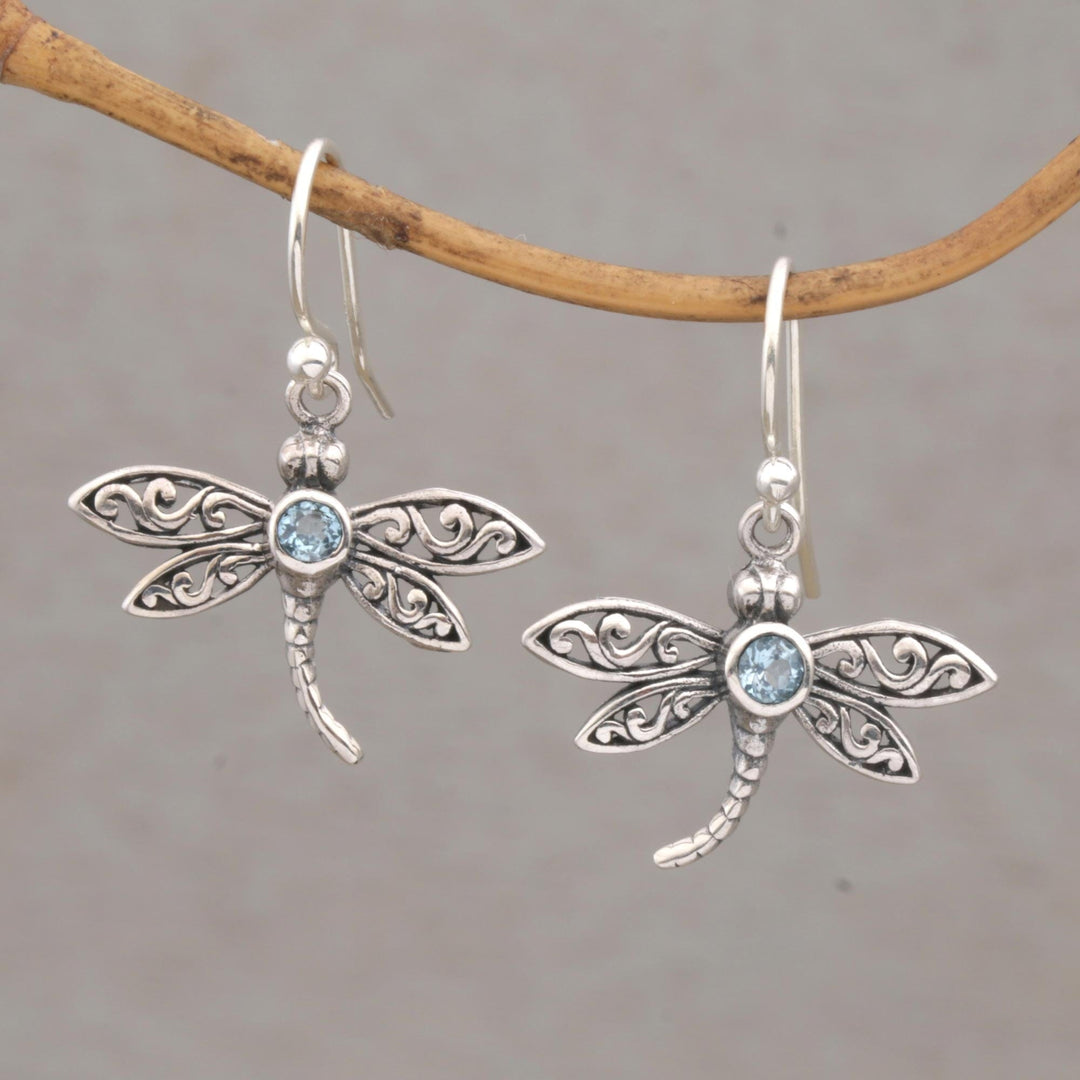 Sterling Silver and Blue Topaz Dangle Earrings - Enchanted Dragonfly