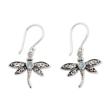 Sterling Silver and Blue Topaz Dangle Earrings - Enchanted Dragonfly
