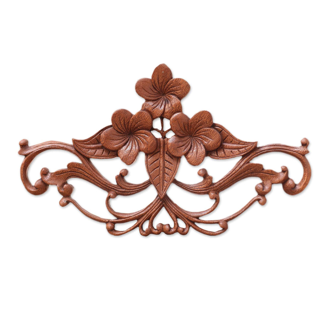 Handmade Floral Wood Relief Panel from Indonesia - Frangipani Garland