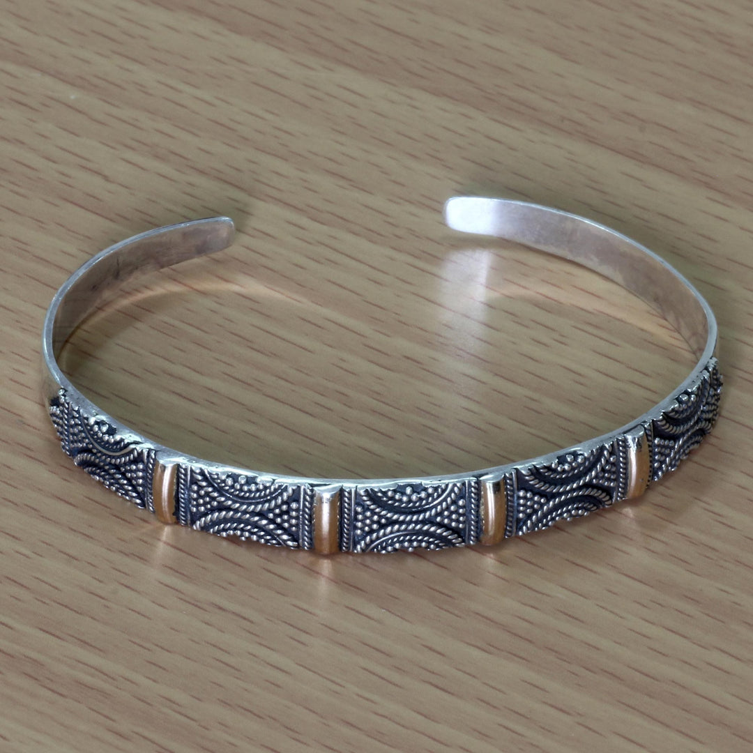 Unique Gold Accent and Sivler Cuff Bracelet from Indonesia - Bali Fiesta