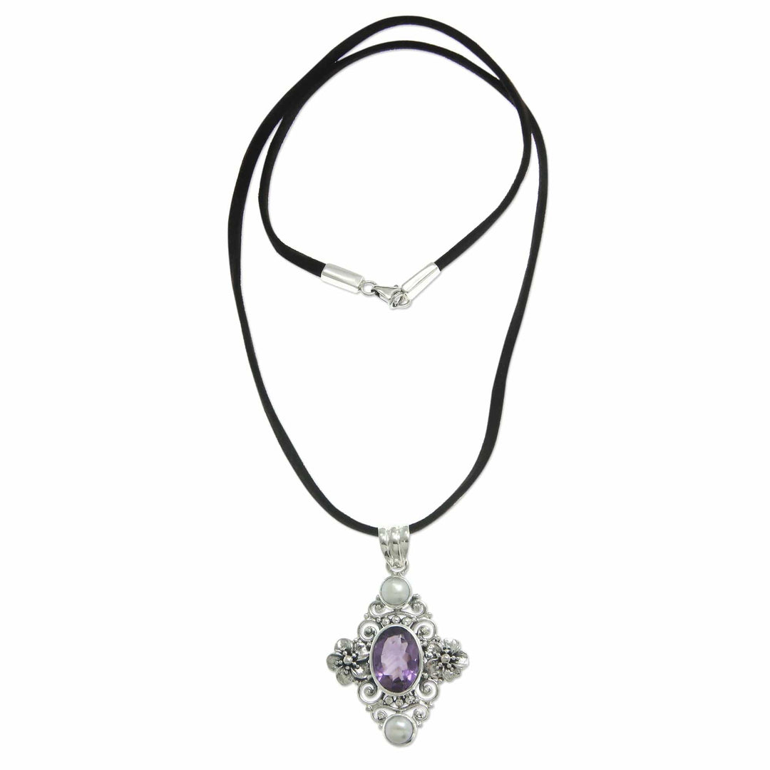 Floral Pearl and Amethyst Silver Necklace - Frangipani Queen