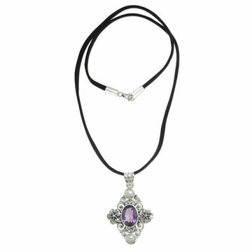 Floral Pearl and Amethyst Silver Necklace - Frangipani Queen
