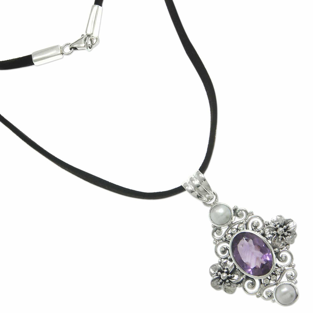 Floral Pearl and Amethyst Silver Necklace - Frangipani Queen