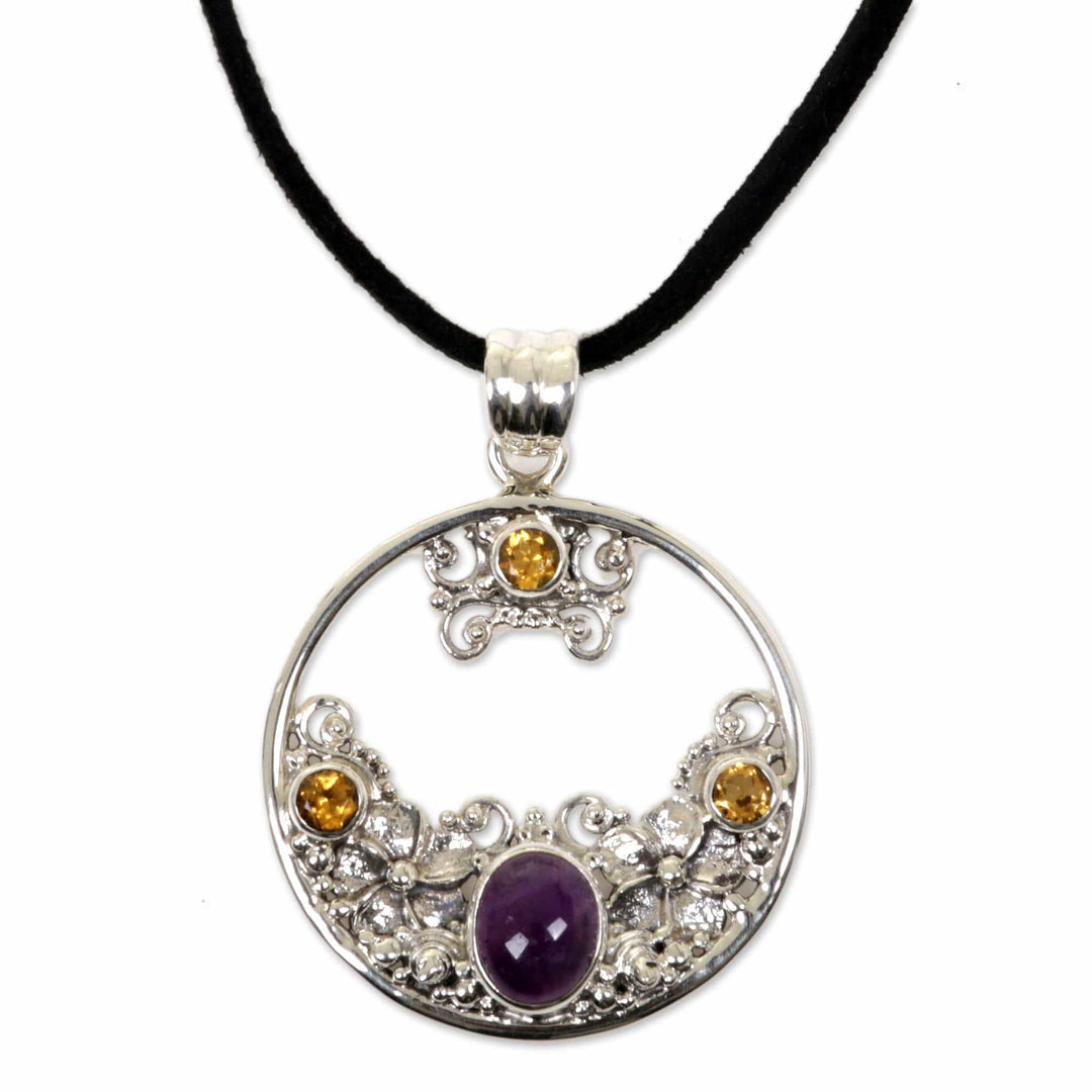 Citrine Amethyst and Sterling Silver Necklace Bali Jewelry - Frangipani Moon