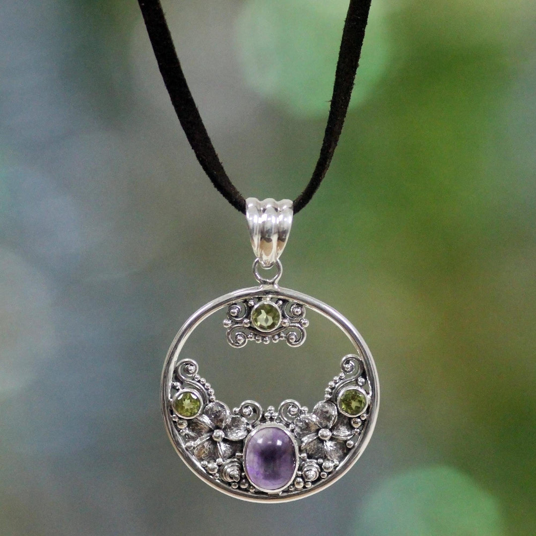 Peridot Amethyst and Sterling Silver Necklace Bali Jewelry - Frangipani Moon