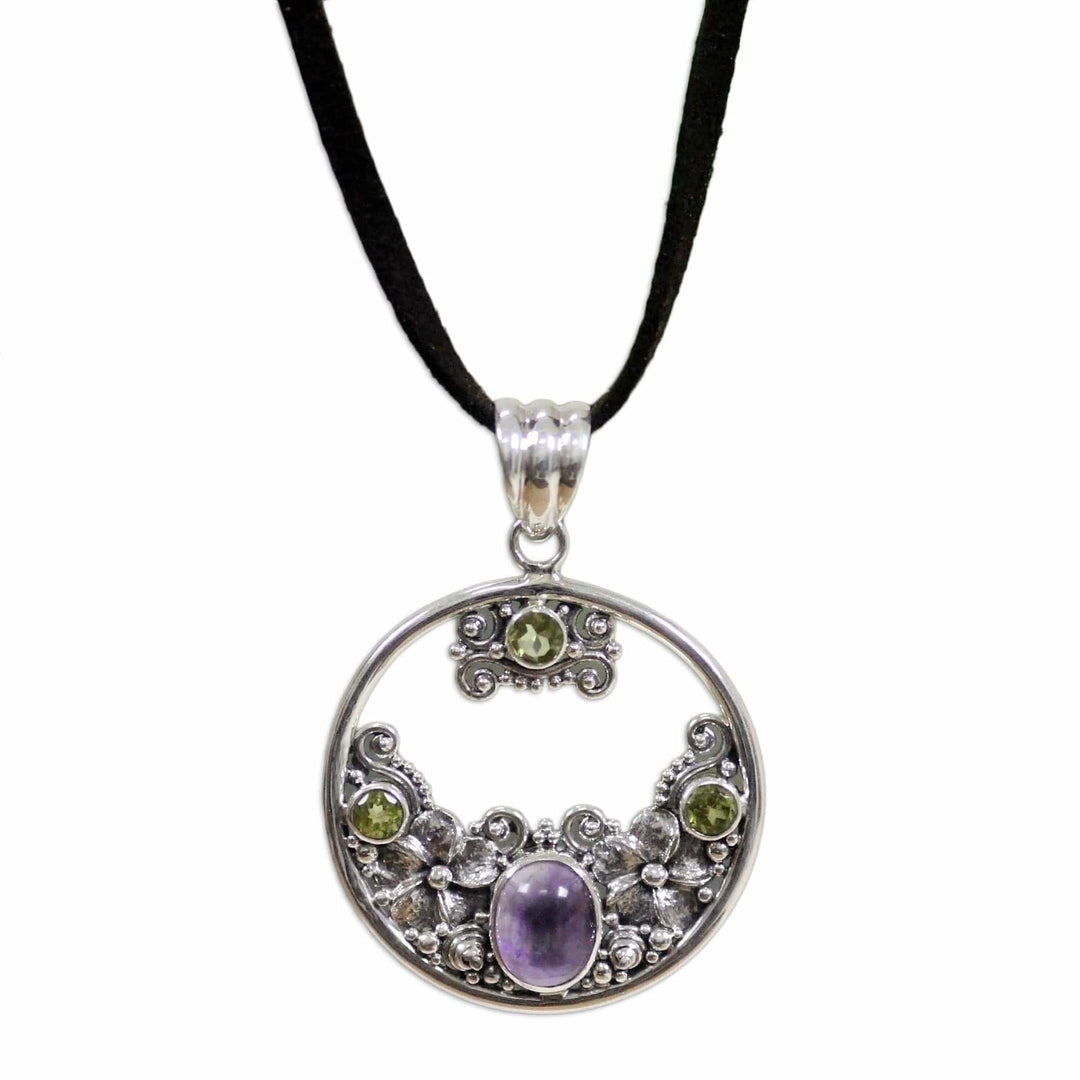 Peridot Amethyst and Sterling Silver Necklace Bali Jewelry - Frangipani Moon