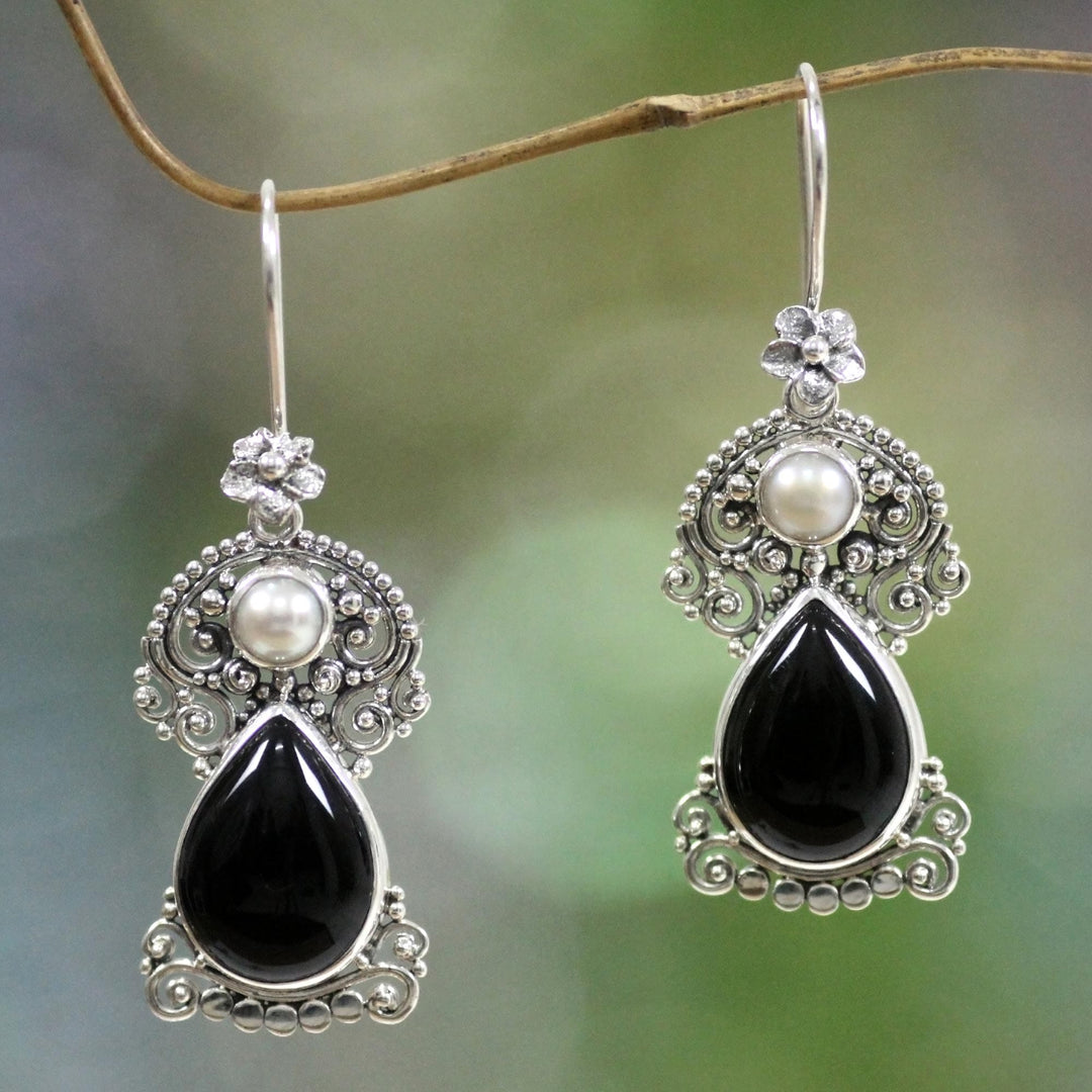 Pearls and Onyx Earrings Thai Jewelry - Frangipani Nights