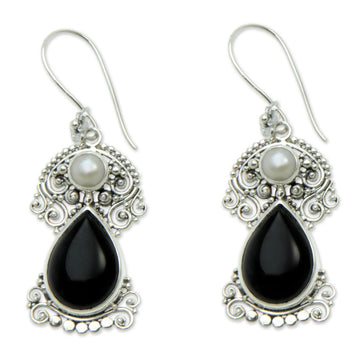 Pearls and Onyx Earrings Thai Jewelry - Frangipani Nights