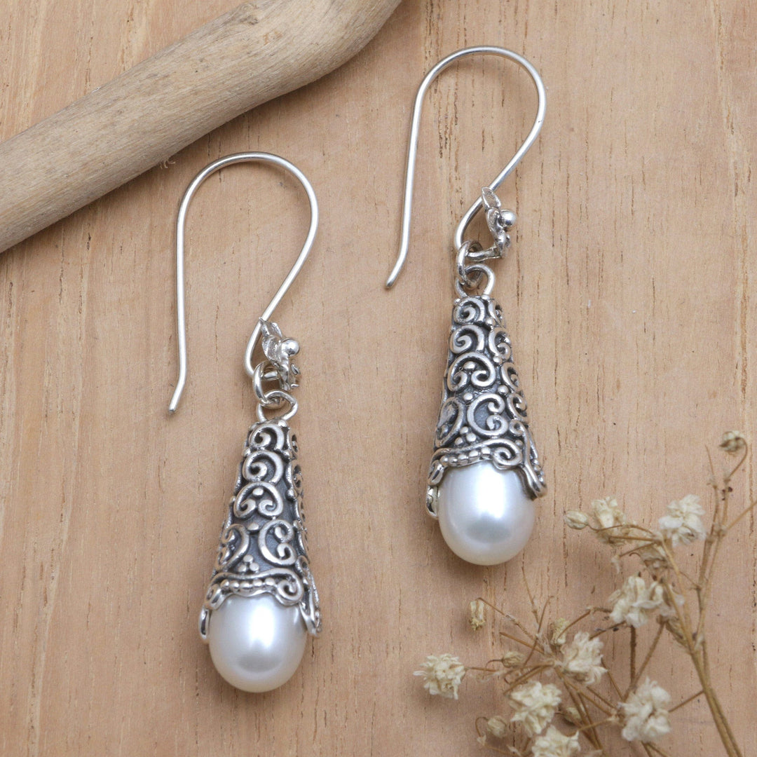 Sterling Silver and Cultured Pearl Dangle Earrings - White Arabesque Dewdrop