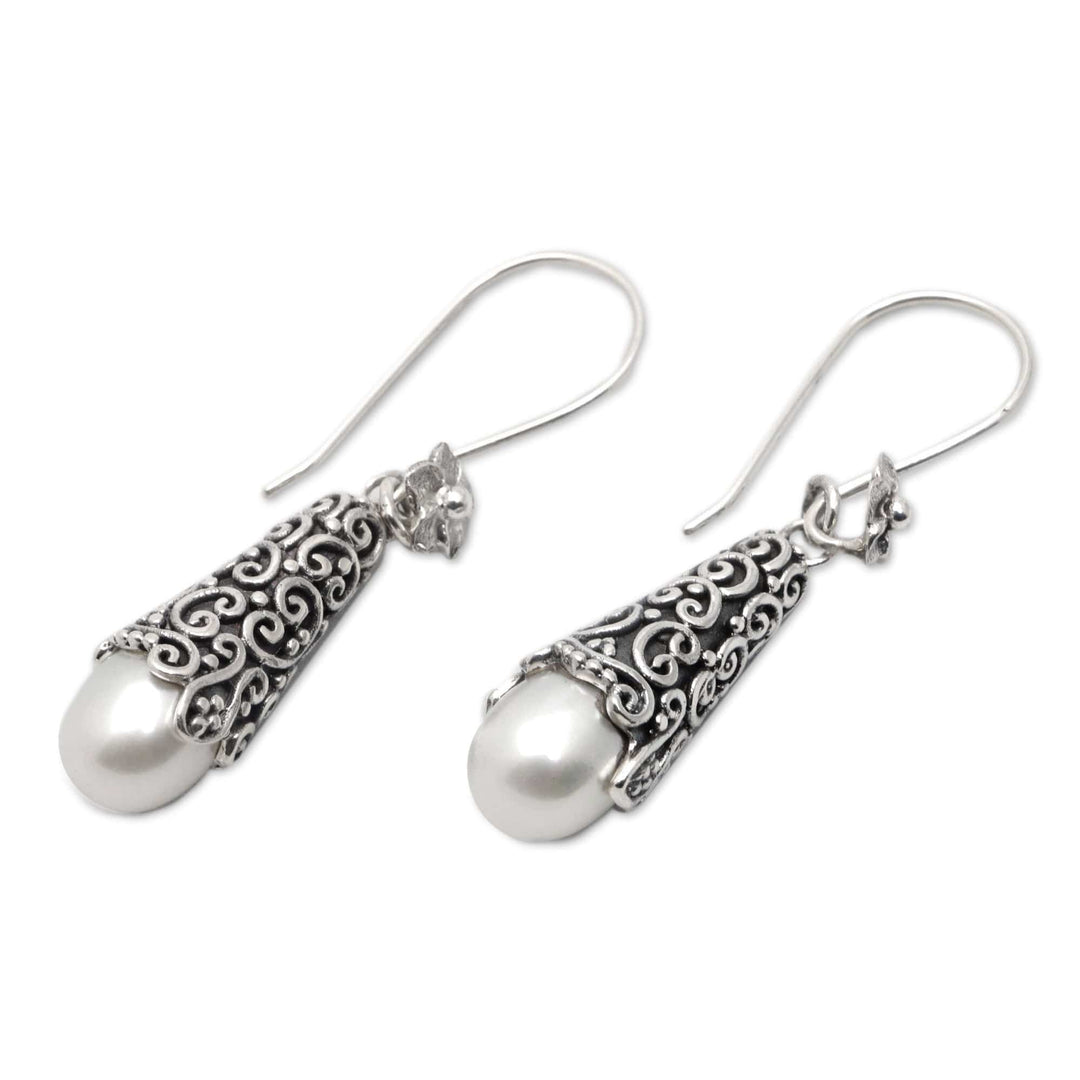 Sterling Silver and Cultured Pearl Dangle Earrings - White Arabesque Dewdrop