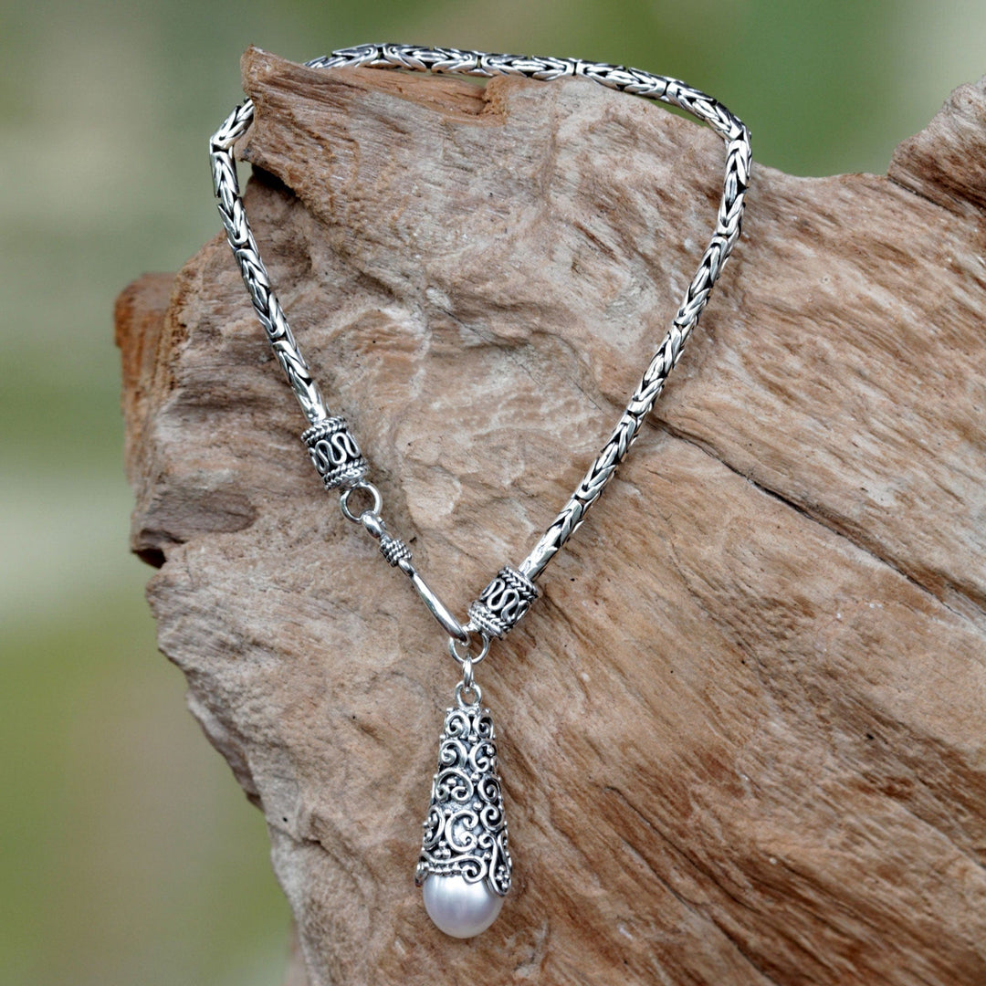 Sterling Silver and White Cultured Pearl Charm Bracelet - White Arabesque Dewdrop