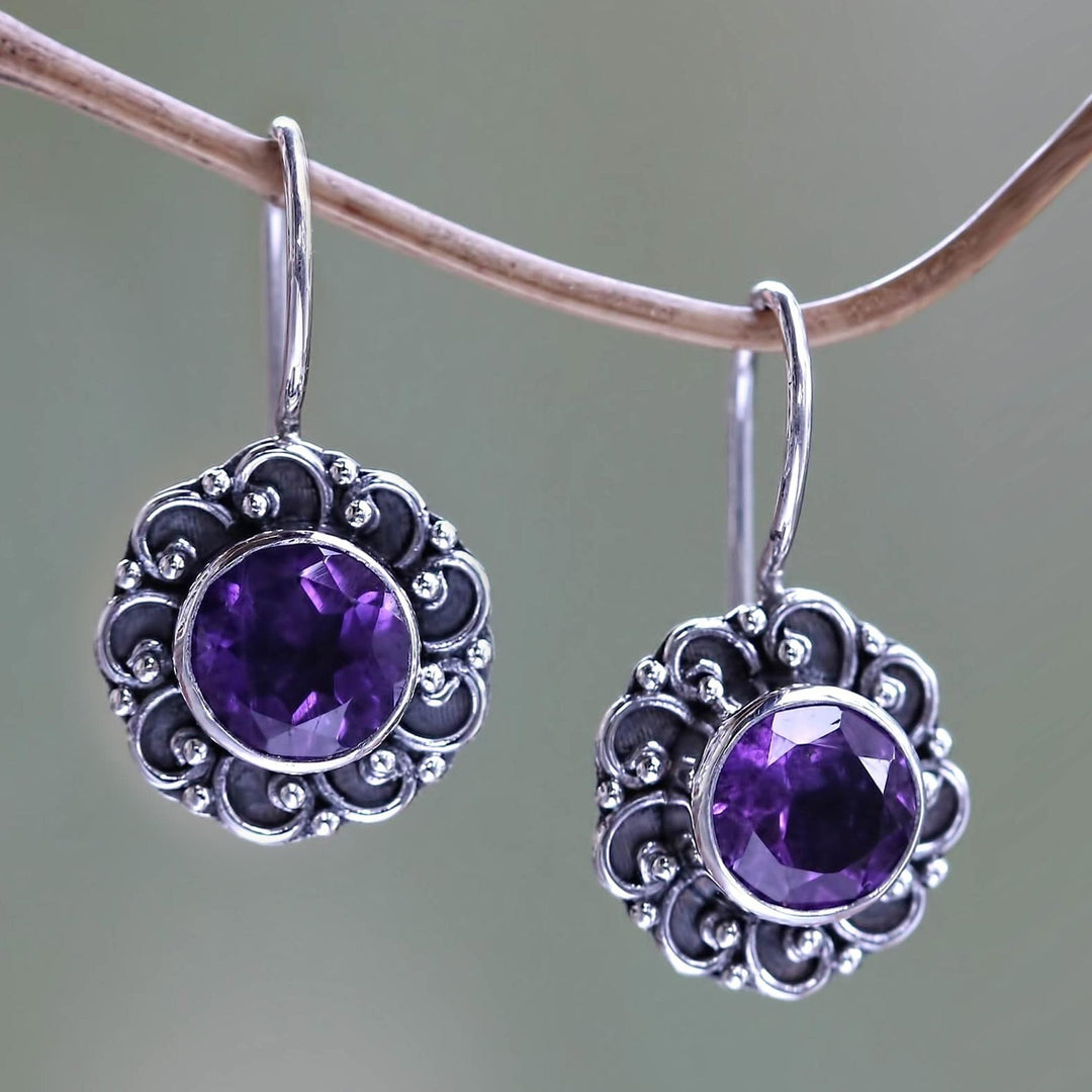 Amethyst Sunflower Drop Earrings - Singaraja Sunflower Purple