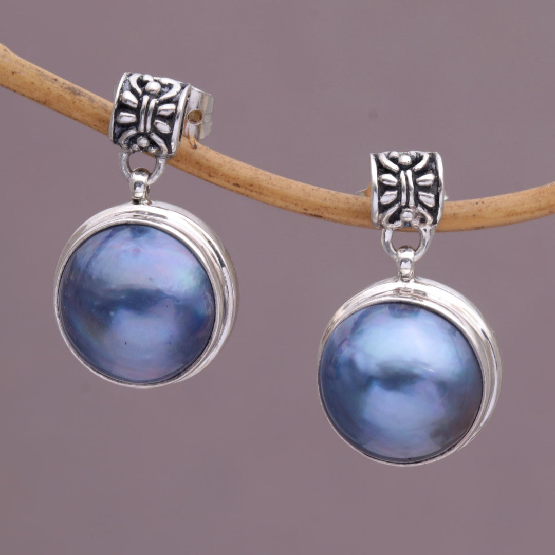 Sterling Silver and Cultured Blue Pearl Dangle Earrings - Morning Mist