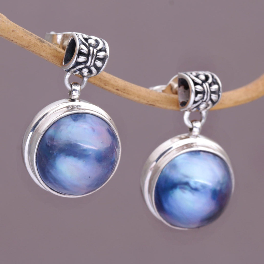 Sterling Silver and Cultured Blue Pearl Dangle Earrings - Morning Mist