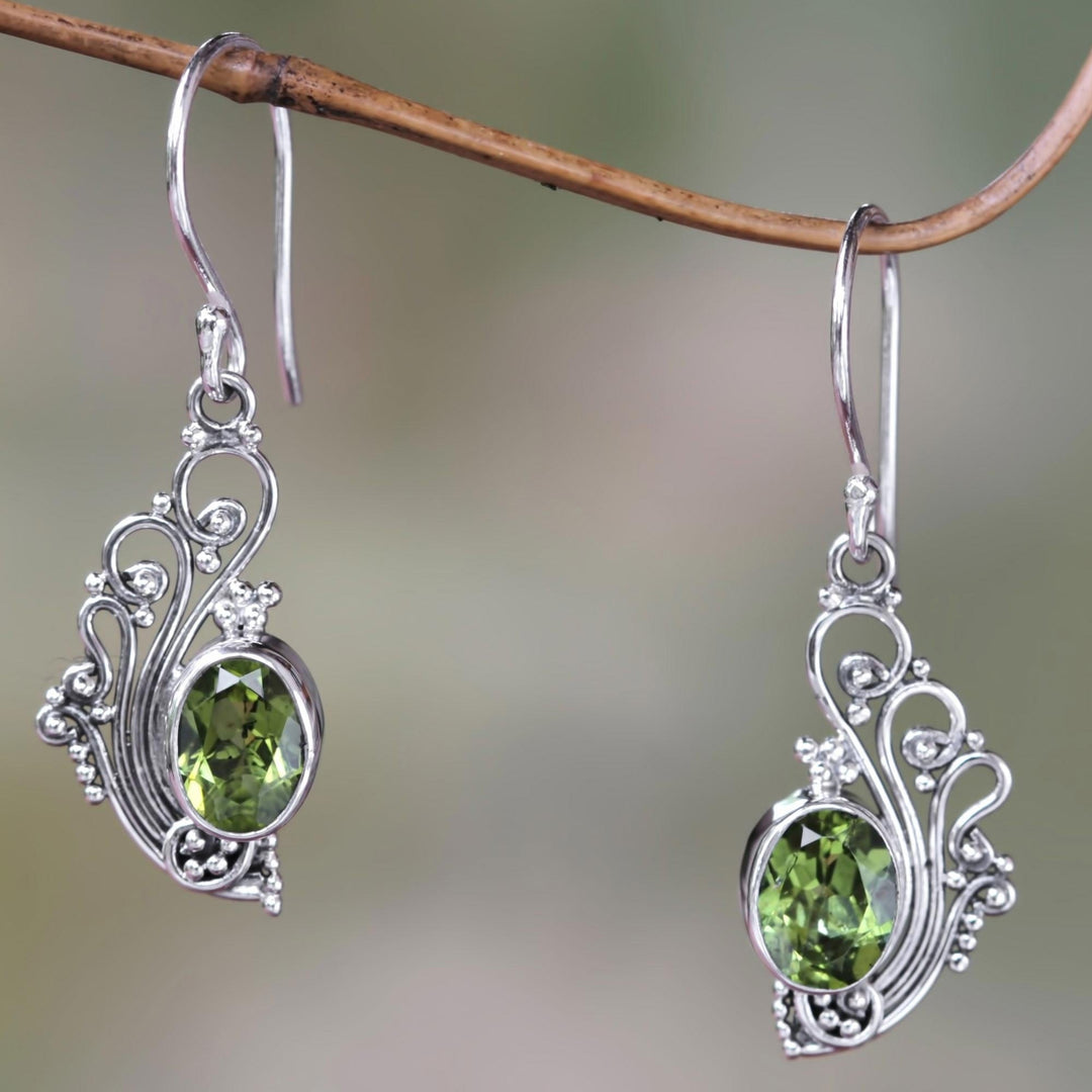 Lacy Peridot and Sterling Silver Dangle Earrings - Green Peacock's Feather
