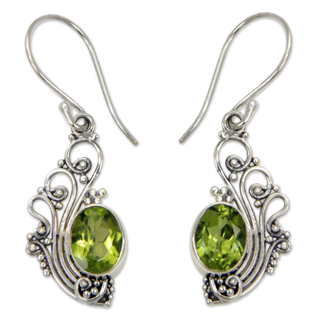 Lacy Peridot and Sterling Silver Dangle Earrings - Green Peacock's Feather