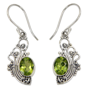 Lacy Peridot and Sterling Silver Dangle Earrings - Green Peacock's Feather