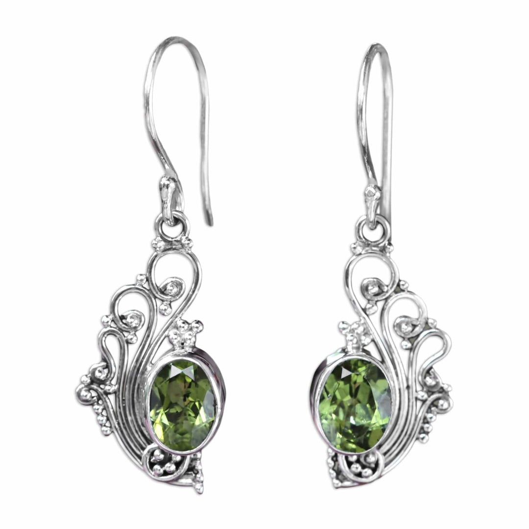 Lacy Peridot and Sterling Silver Dangle Earrings - Green Peacock's Feather