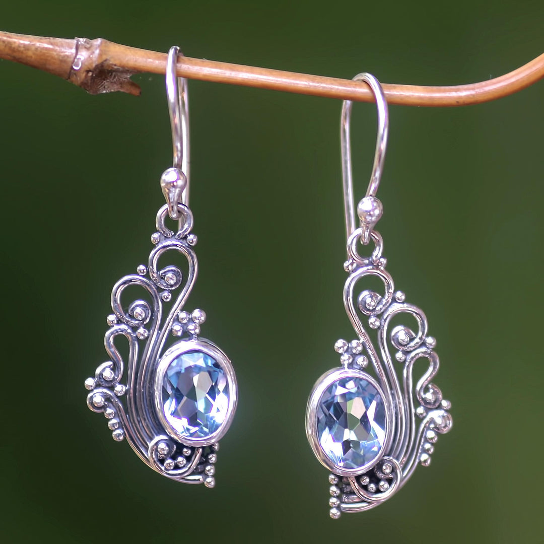 Lacy Blue Topaz and Silver Dangle Earrings - Blue Peacock's Feather