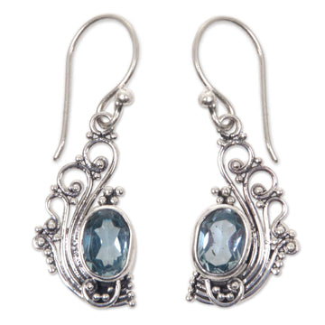 Lacy Blue Topaz and Silver Dangle Earrings - Blue Peacock's Feather