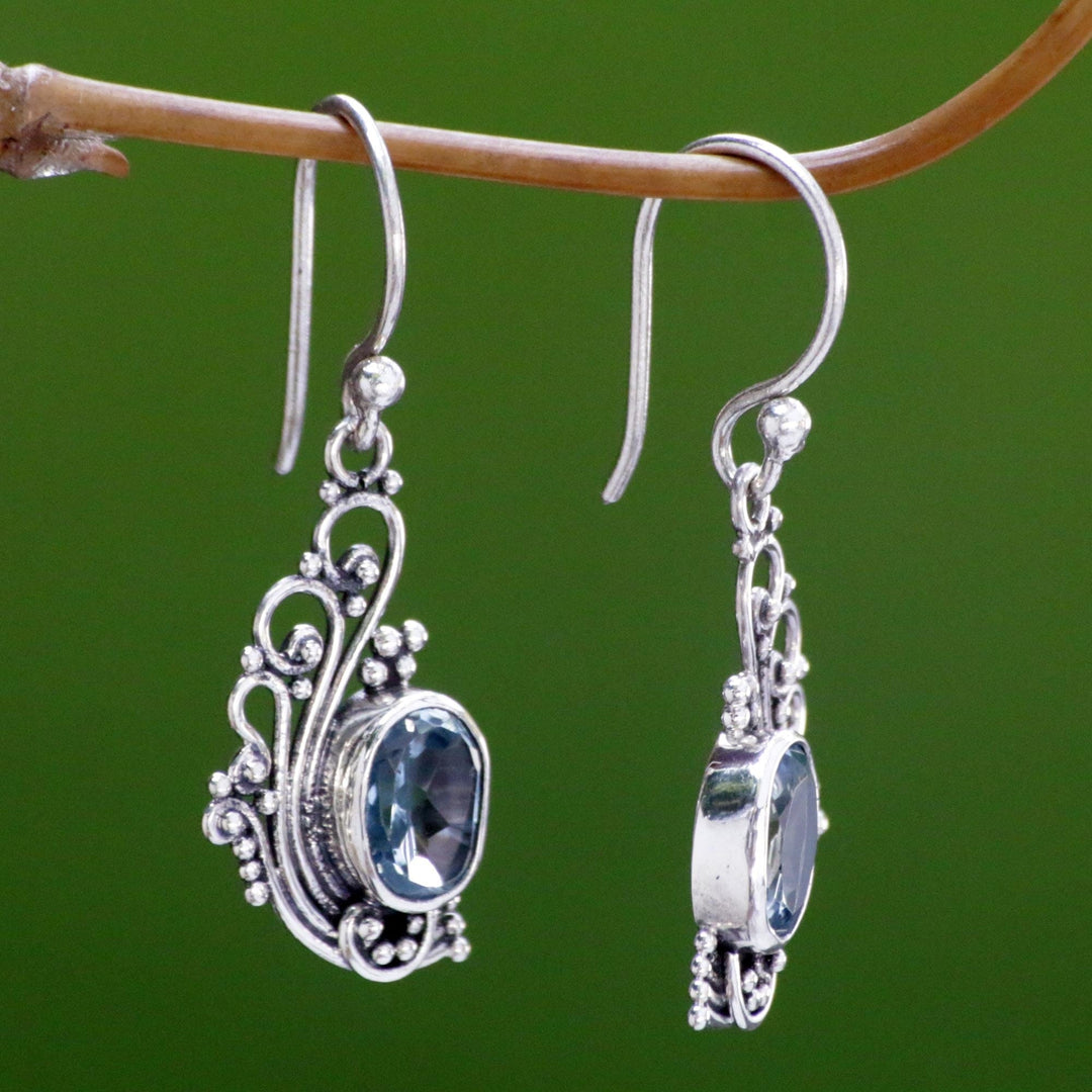 Lacy Blue Topaz and Silver Dangle Earrings - Blue Peacock's Feather