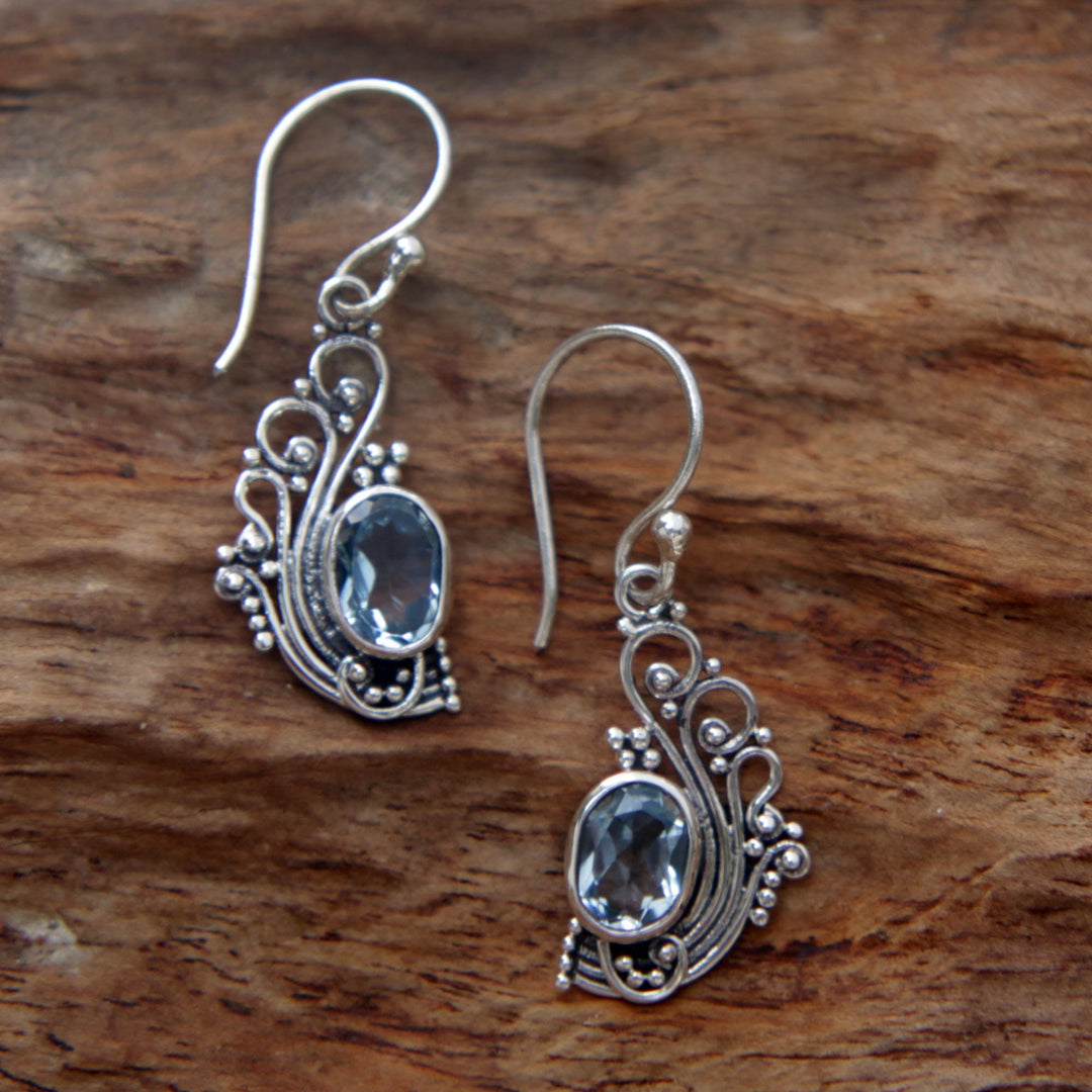Lacy Blue Topaz and Silver Dangle Earrings - Blue Peacock's Feather