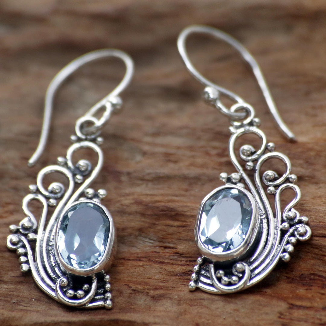 Lacy Blue Topaz and Silver Dangle Earrings - Blue Peacock's Feather