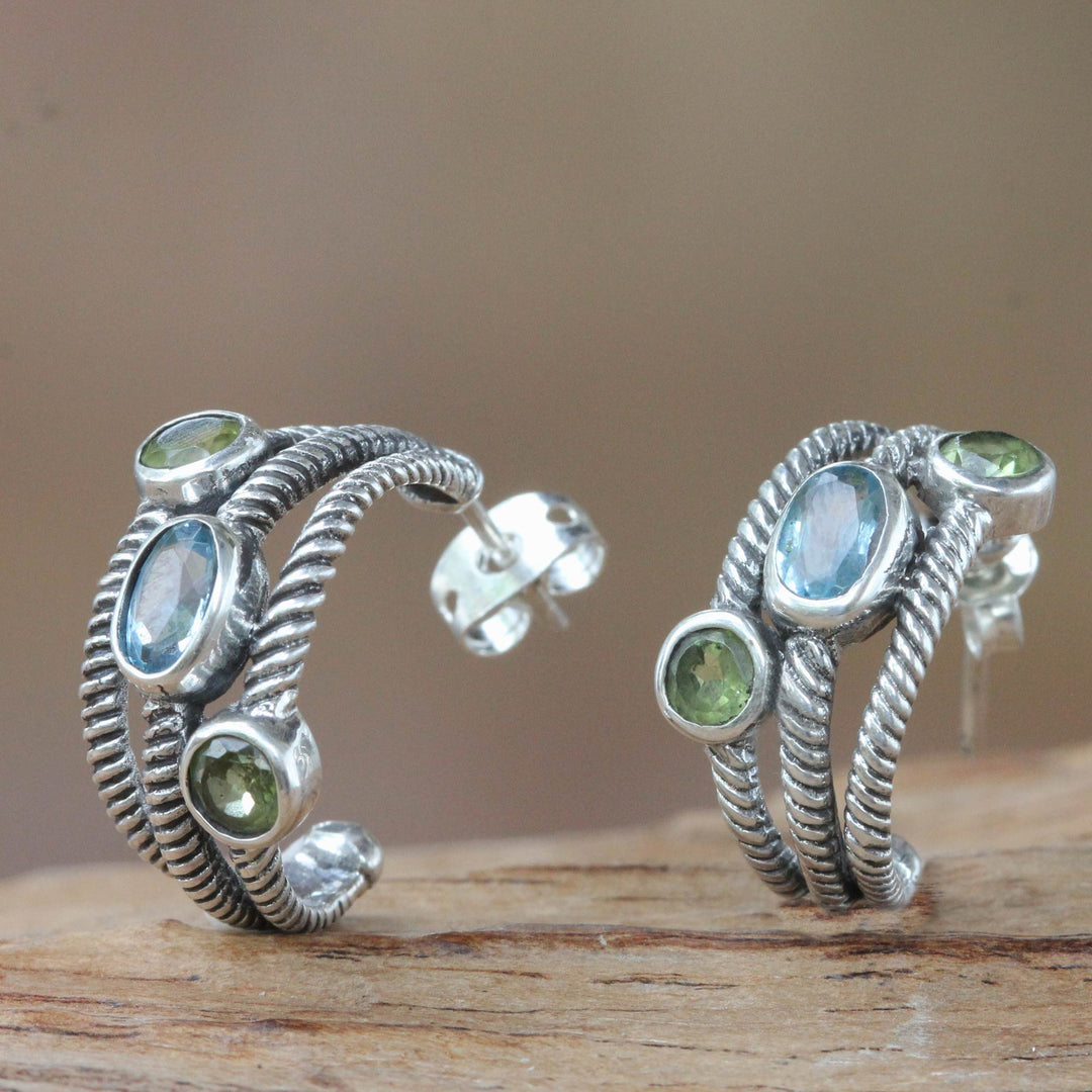Blue Topaz and Peridot Sterling Silver Half-hoop Earrings - Spring Melody