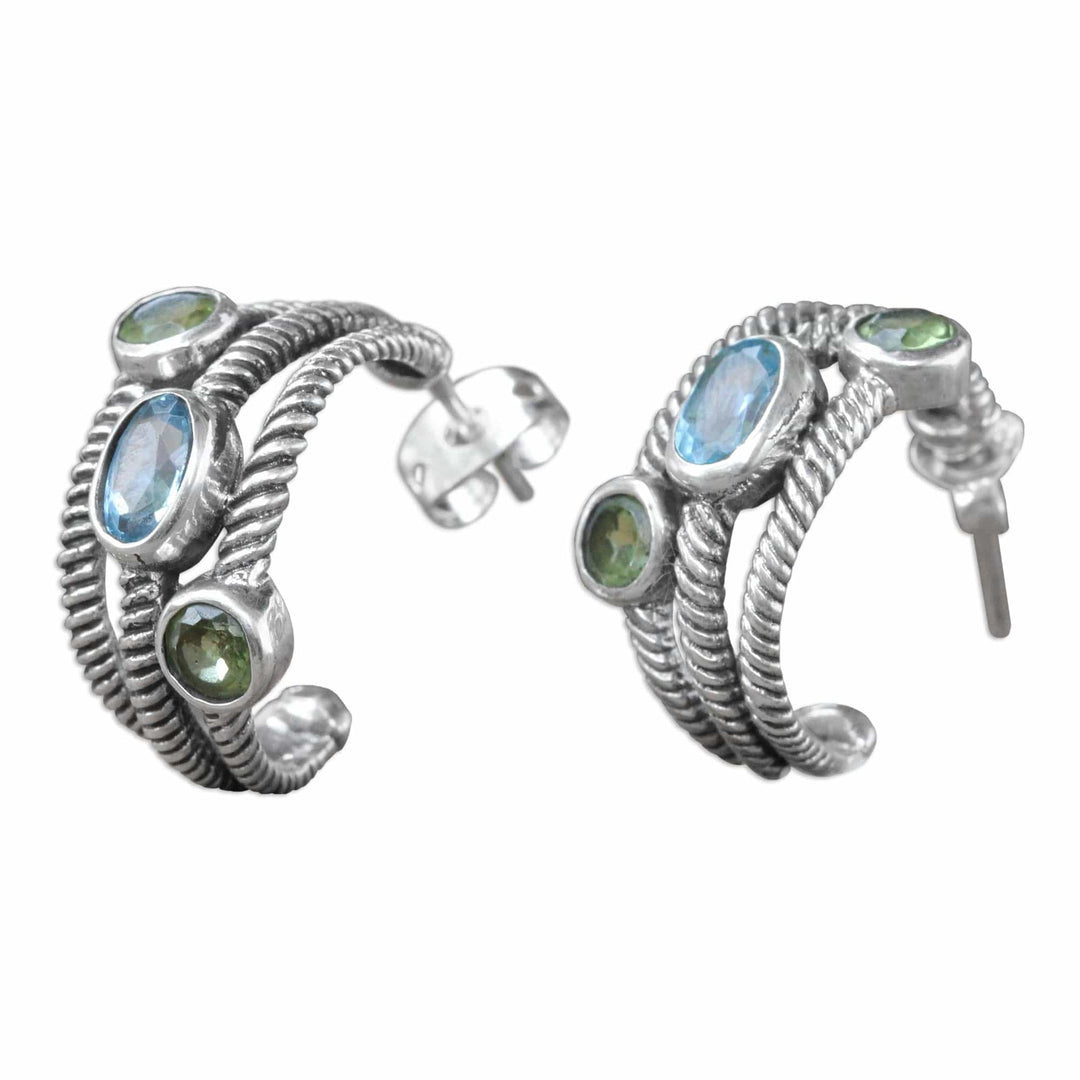 Blue Topaz and Peridot Sterling Silver Half-hoop Earrings - Spring Melody