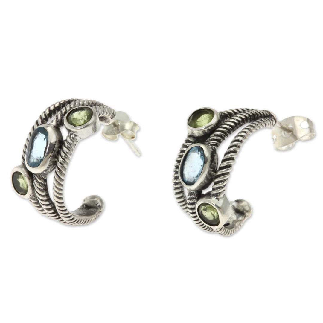 Blue Topaz and Peridot Sterling Silver Half-hoop Earrings - Spring Melody