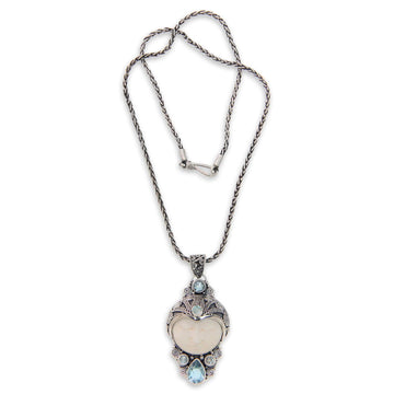 Carved Bone and Blue Topaz Silver Pendant Necklace - Dayang Sumbi