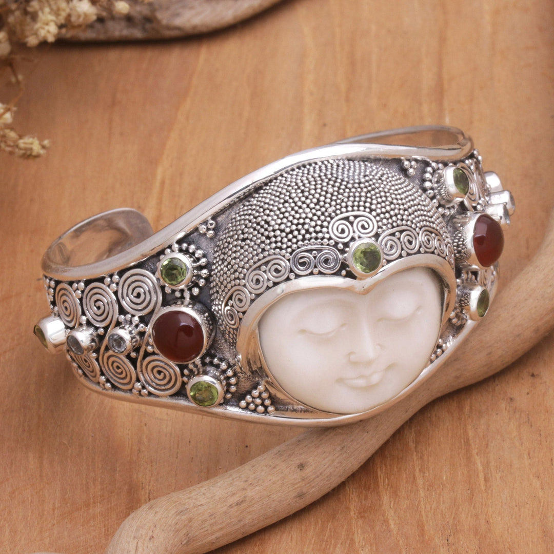 Bone, Silver, and Gemstone Cuff Bracelet - Moon Empress