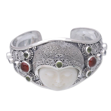 Bone, Silver, and Gemstone Cuff Bracelet - Moon Empress