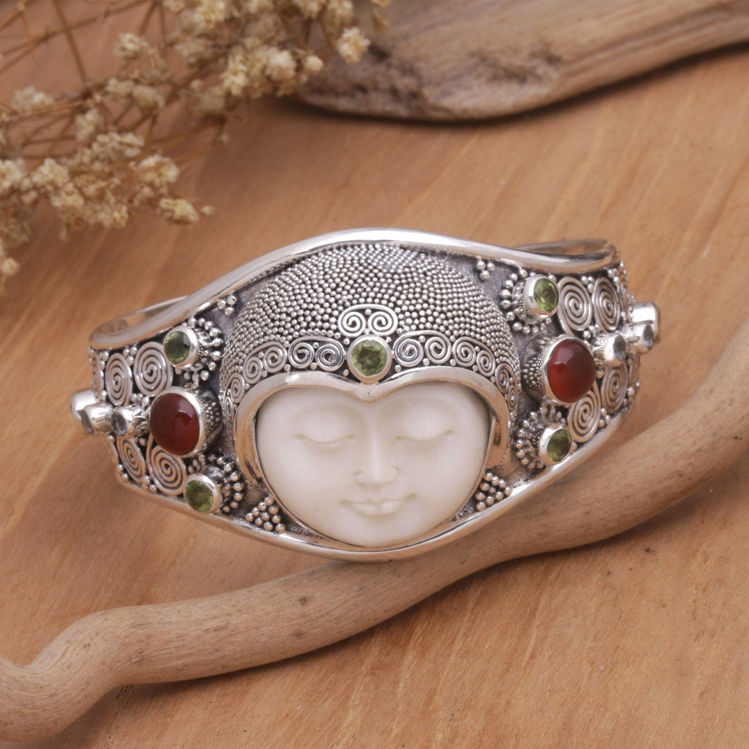 Bone, Silver, and Gemstone Cuff Bracelet - Moon Empress