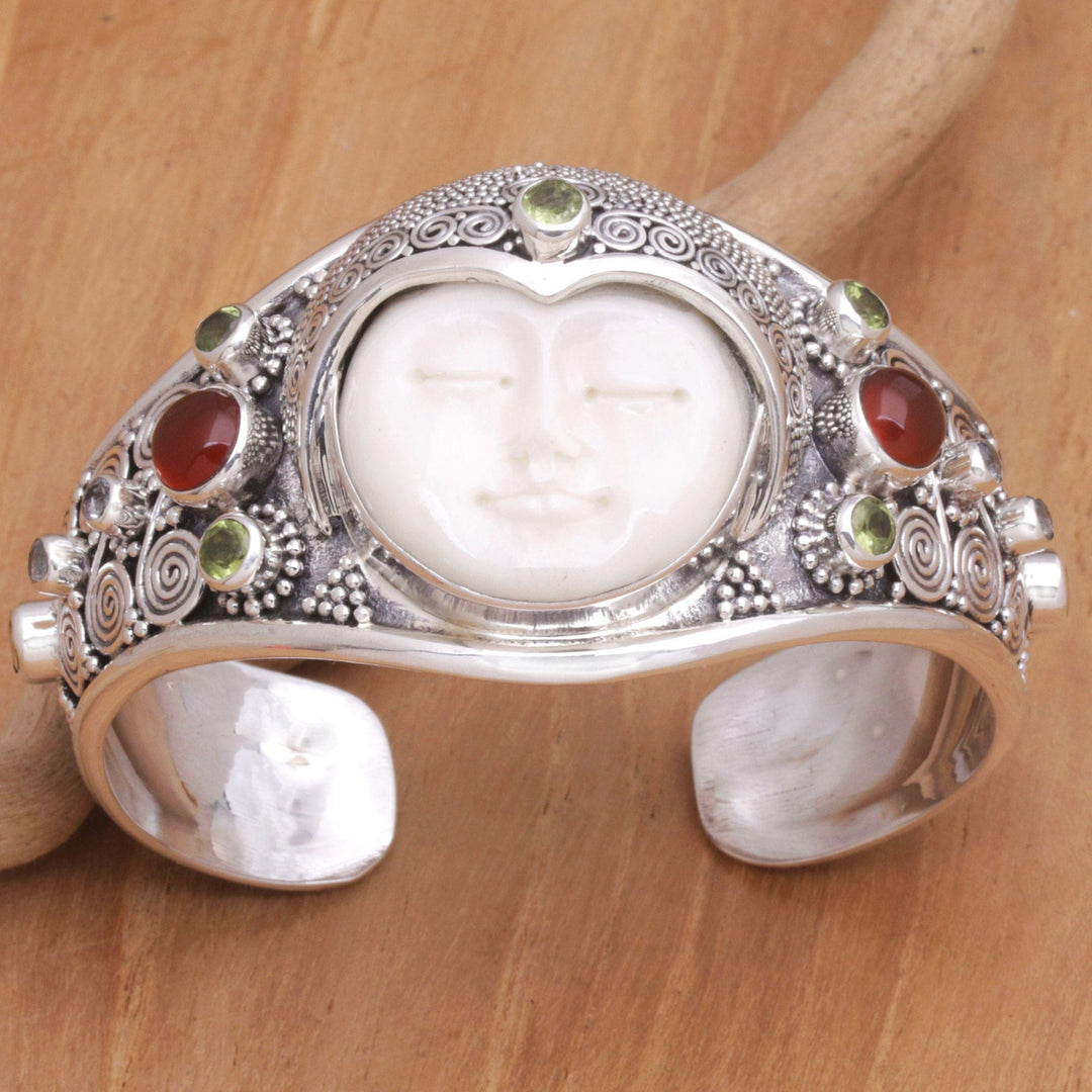 Bone, Silver, and Gemstone Cuff Bracelet - Moon Empress