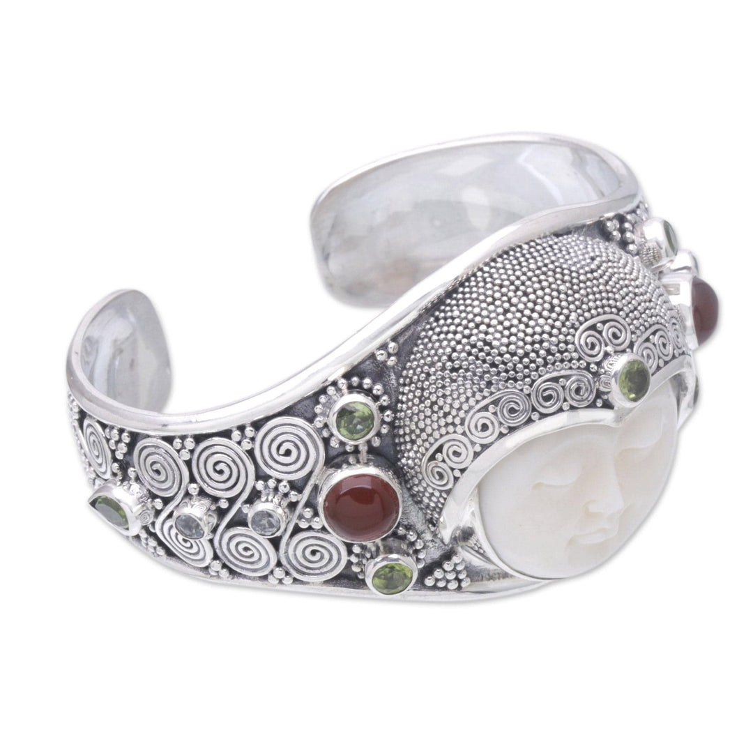 Bone, Silver, and Gemstone Cuff Bracelet - Moon Empress