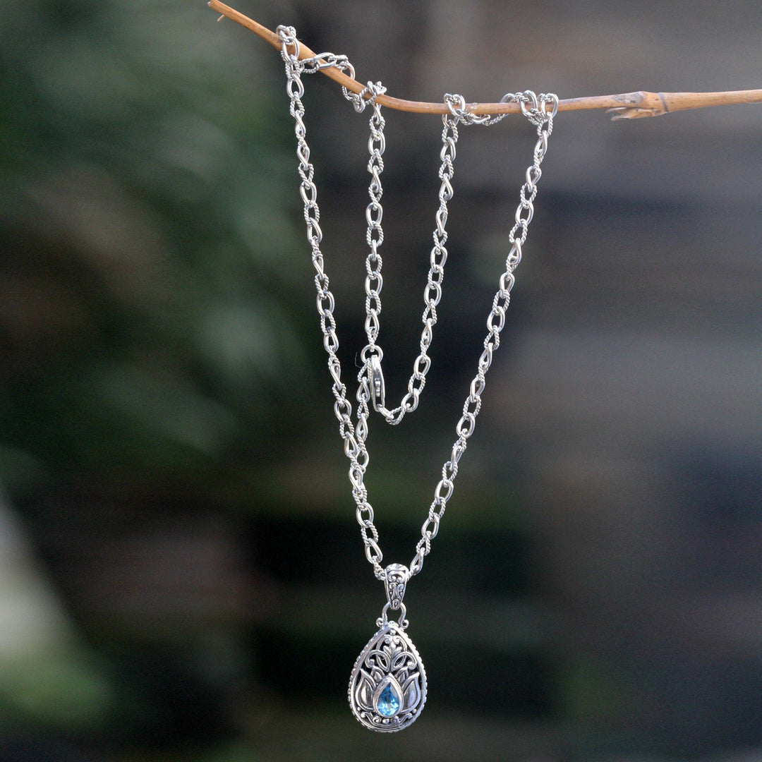 Floral Silver Necklace with Blue Topaz - Padma Lotus