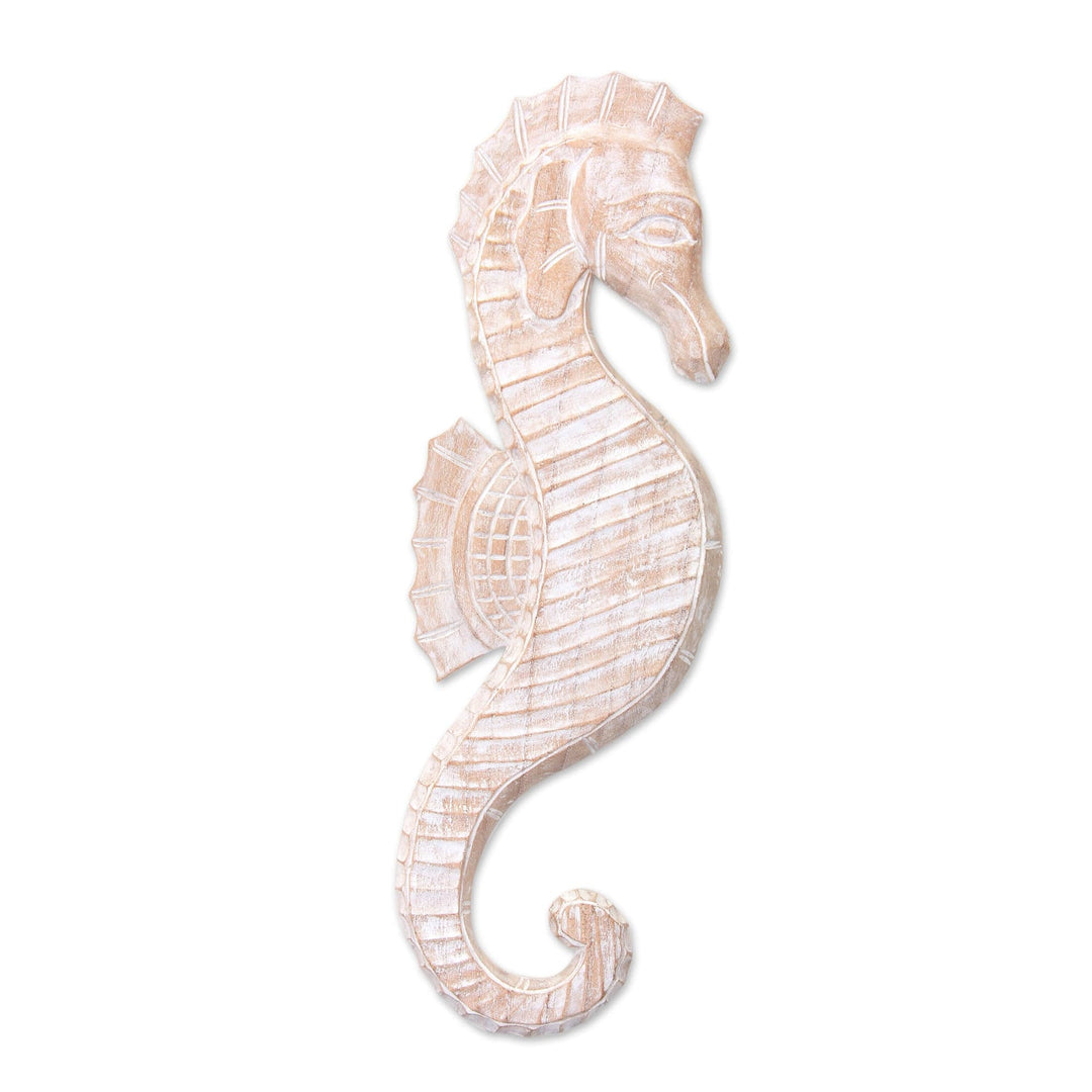 Bali Wood Seahorse Relief Panel Wall Sculpture - White Seahorse