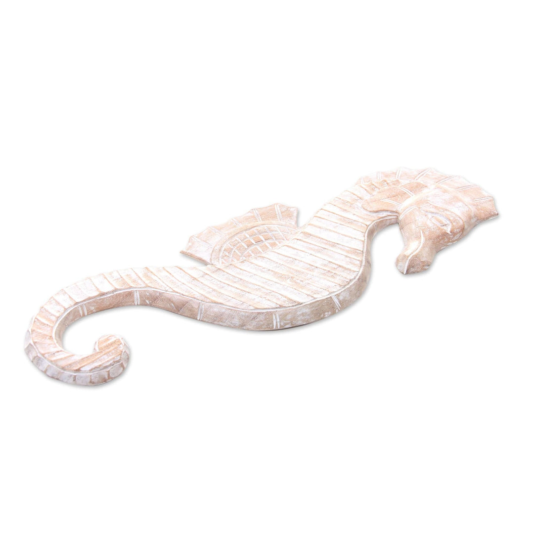 Bali Wood Seahorse Relief Panel Wall Sculpture - White Seahorse