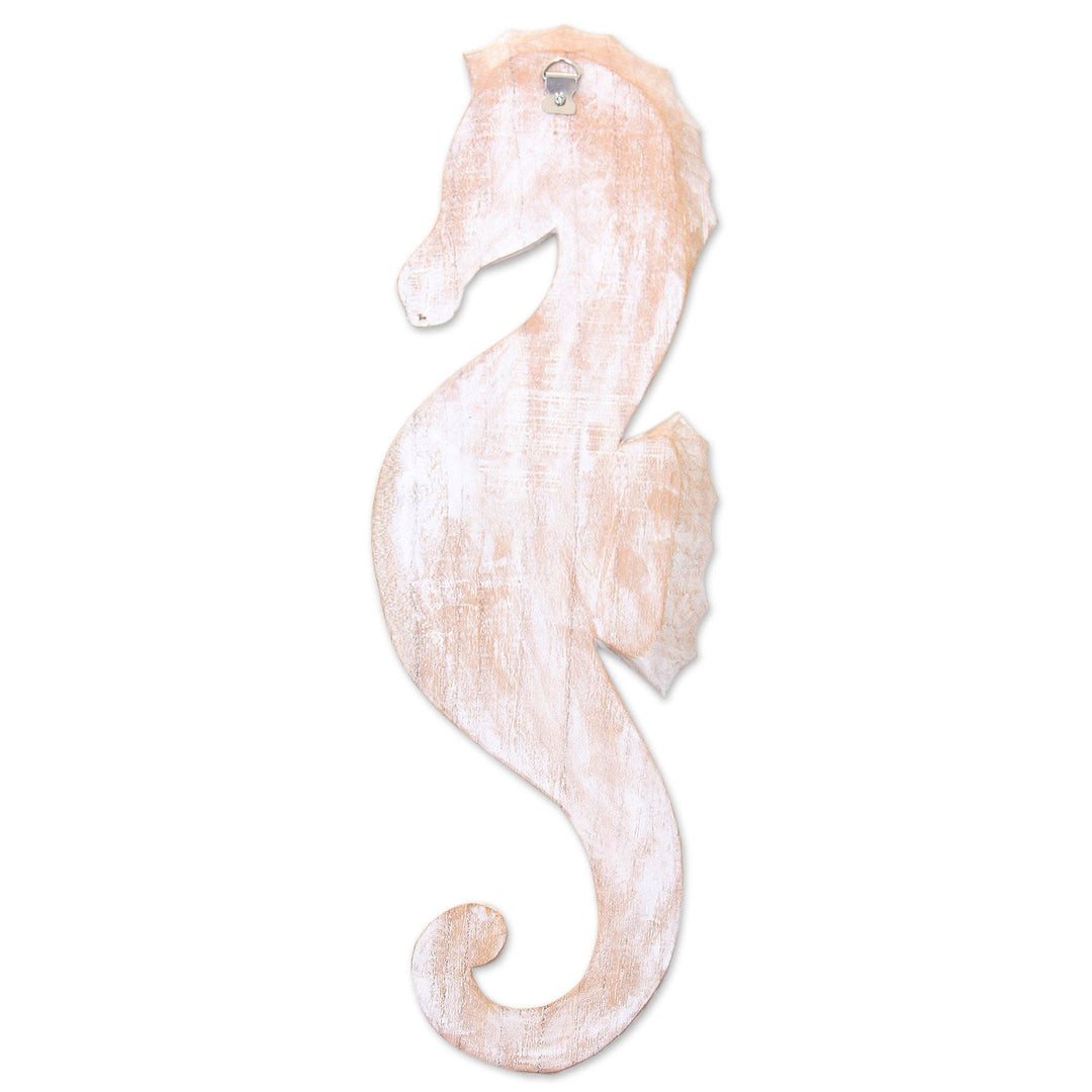 Bali Wood Seahorse Relief Panel Wall Sculpture - White Seahorse