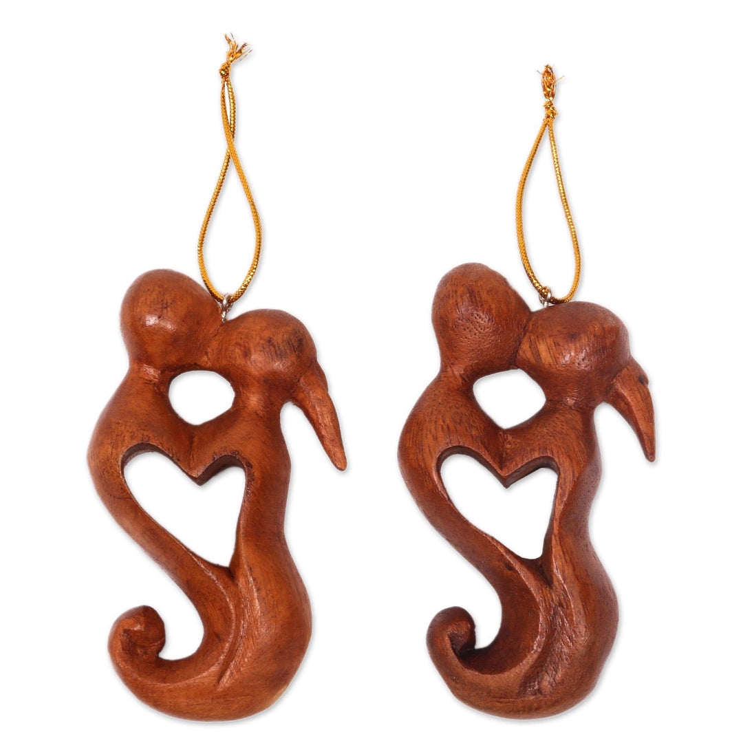 Hand Carved Suar Wood Heart Ornament Paie of Kissing Couple - Kiss of Love