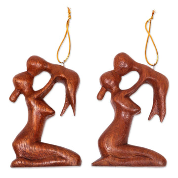 Playful Mother and Baby Ornaments Hand Carved Wood (Pair) - Gentle Touch of a Mother