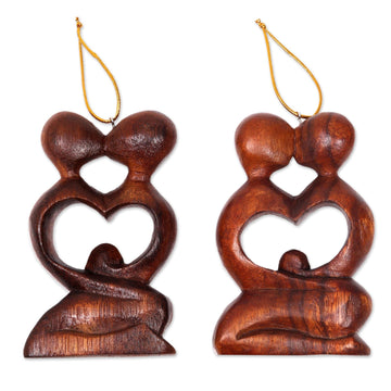 Two Heart Ornaments of Couple Kissing Hand Carved of Wood - Forever Together