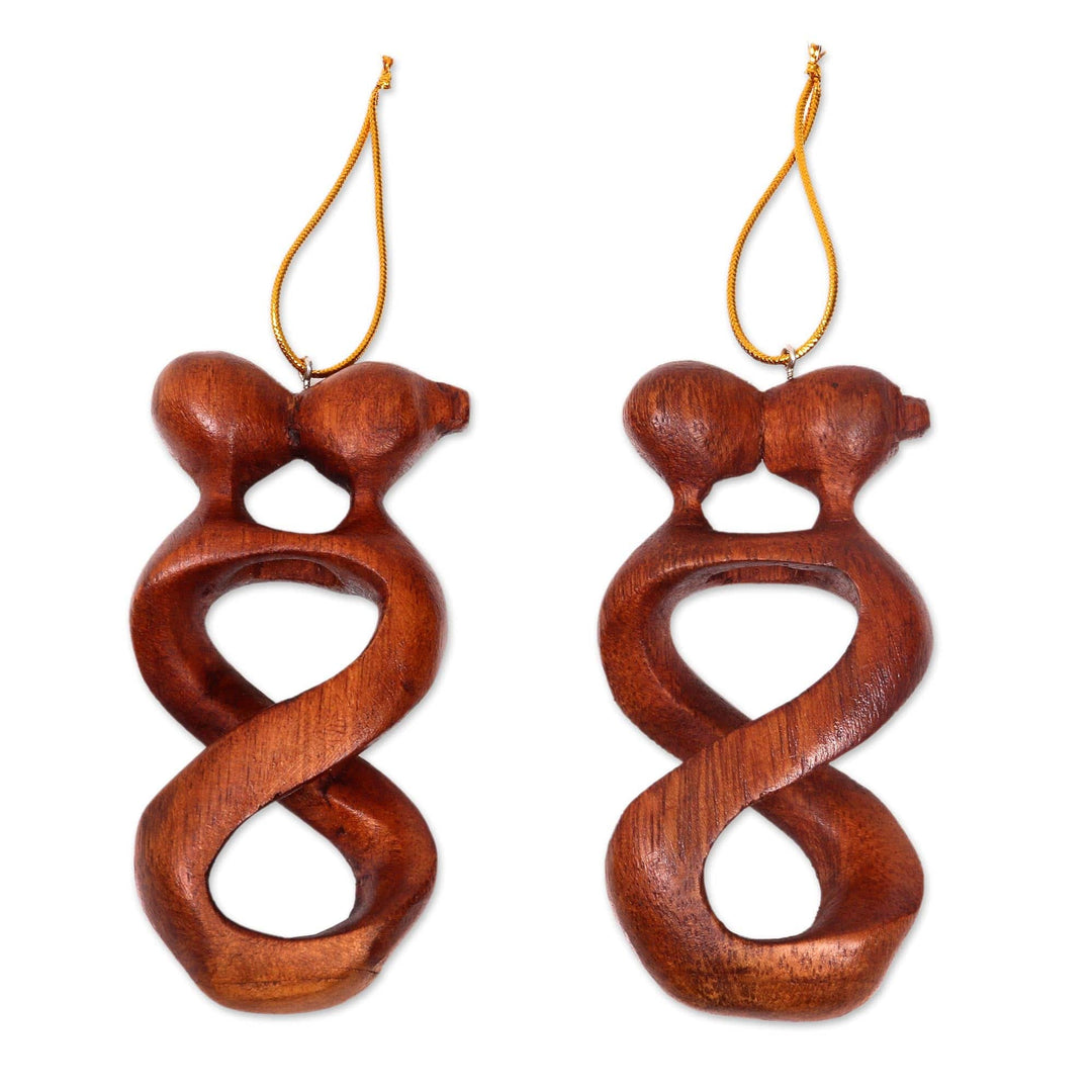 Set of 2 Kissing Lovers Wood Ornaments Hand Carved in Bali - Spinning Kiss