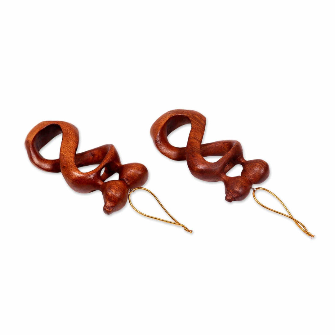 Set of 2 Kissing Lovers Wood Ornaments Hand Carved in Bali - Spinning Kiss