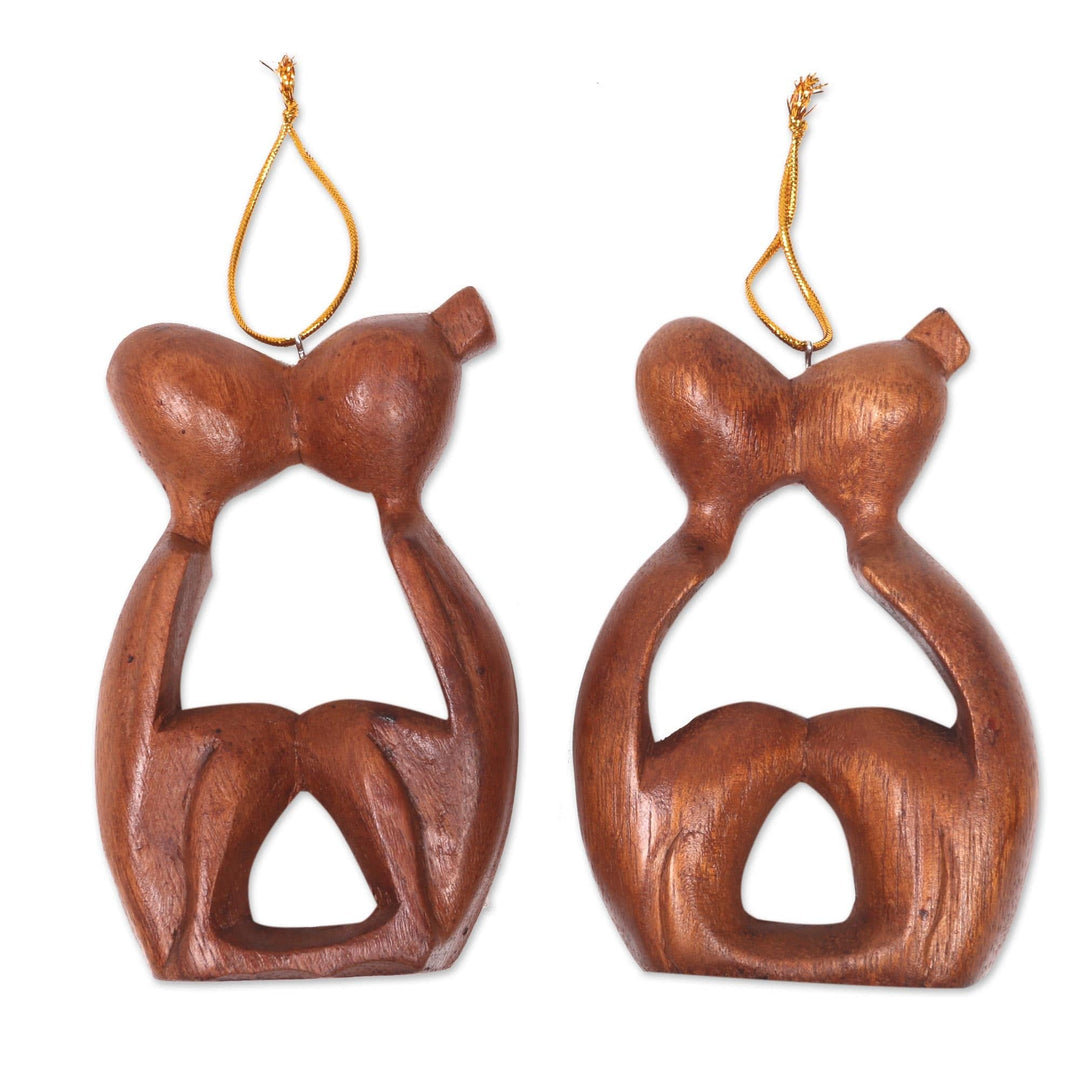 2 Ornaments of Couples Kissing Hand Carved Wood Statuettes - Sweet Kiss