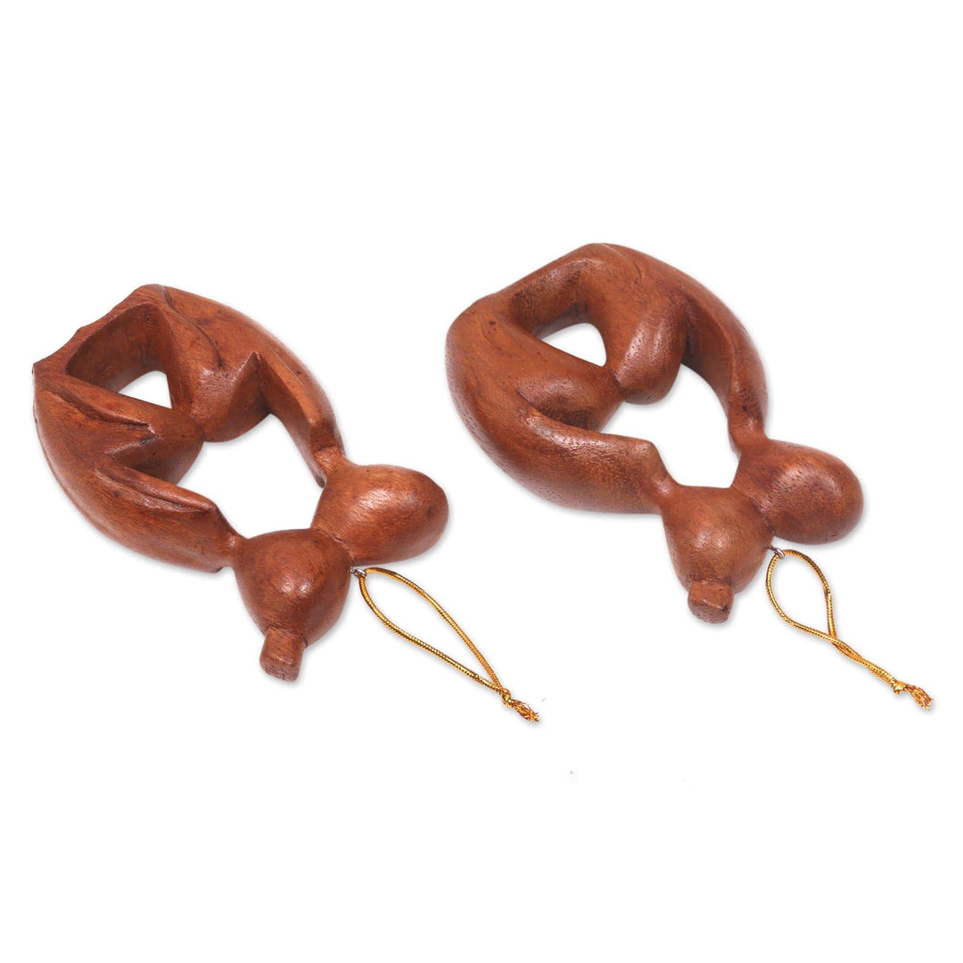 2 Ornaments of Couples Kissing Hand Carved Wood Statuettes - Sweet Kiss