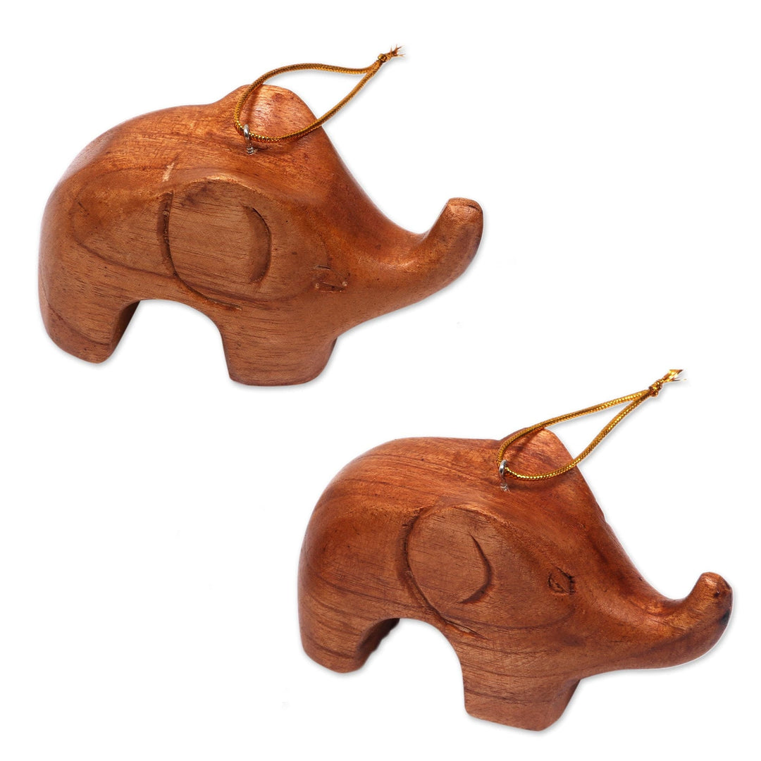 Hand Carved Petite Brown Elephant Wood Ornament Pair - Little Brown Elephants