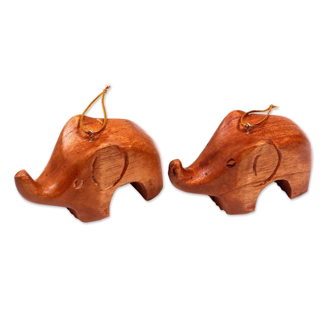 Hand Carved Petite Brown Elephant Wood Ornament Pair - Little Brown Elephants